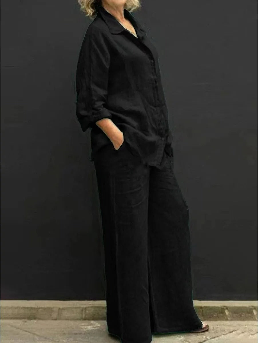 Siv™  vintage långärmat set med button-down-blus och lösa raka byxor för kvinnor