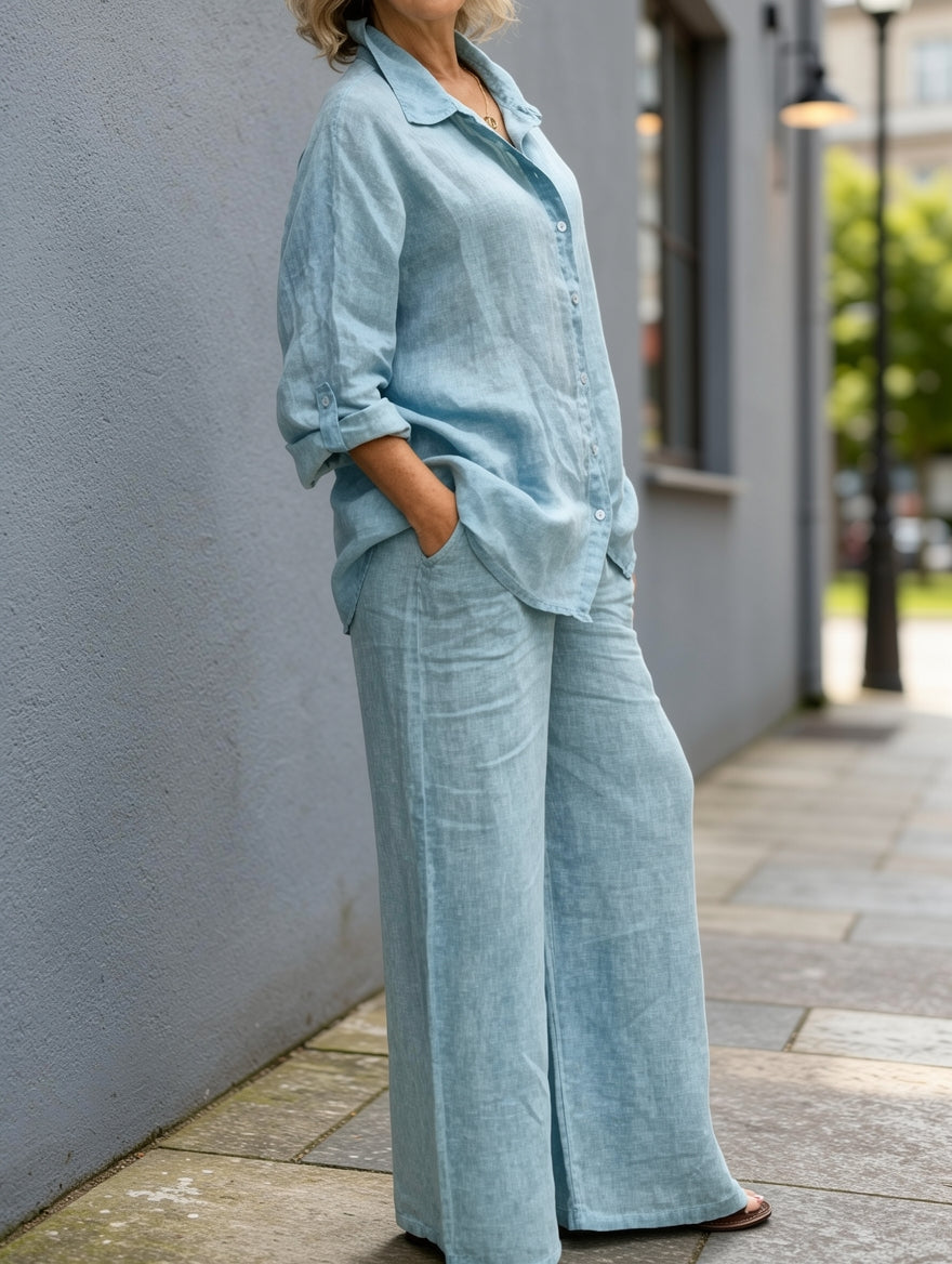 Siv™  vintage långärmat set med button-down-blus och lösa raka byxor för kvinnor