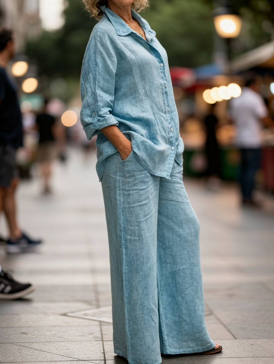 Siv™  vintage långärmat set med button-down-blus och lösa raka byxor för kvinnor