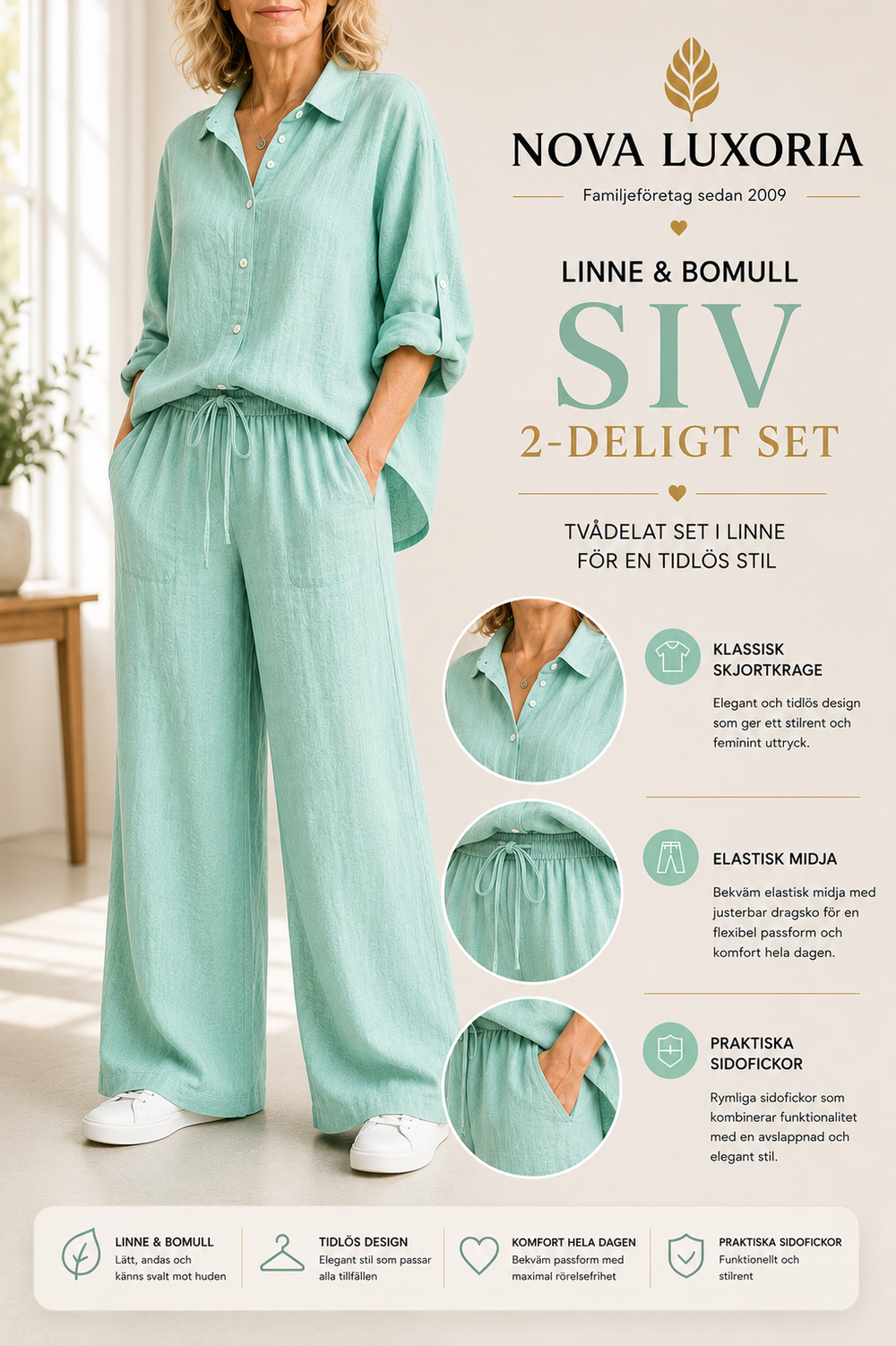 Siv™  vintage långärmat set med button-down-blus och lösa raka byxor för kvinnor