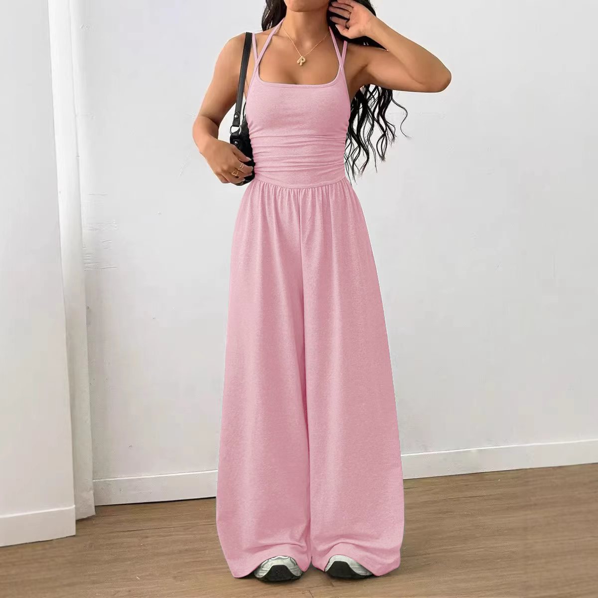 ☀️ Damsommarjumpsuit – Spaghettiband, Rynkad midja, Vida ben, Andningsbar och Figurnära, S–XL