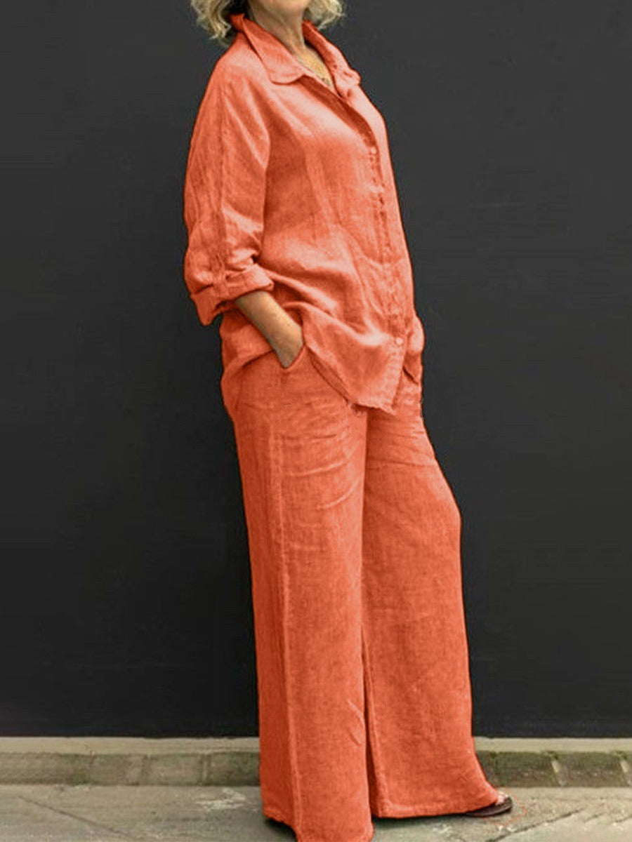 Siv™  vintage långärmat set med button-down-blus och lösa raka byxor för kvinnor