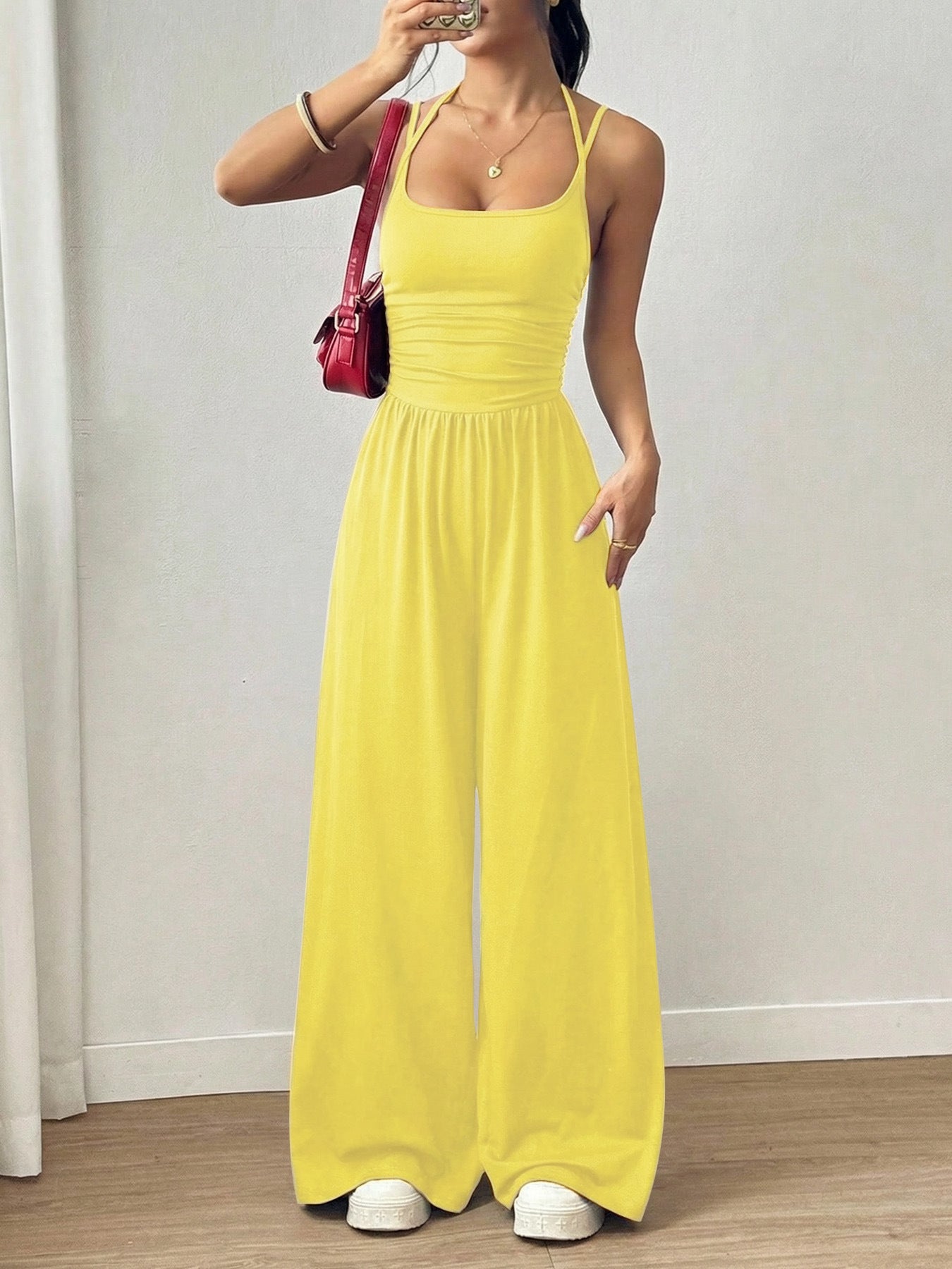 ☀️ Damsommarjumpsuit – Spaghettiband, Rynkad midja, Vida ben, Andningsbar och Figurnära, S–XL