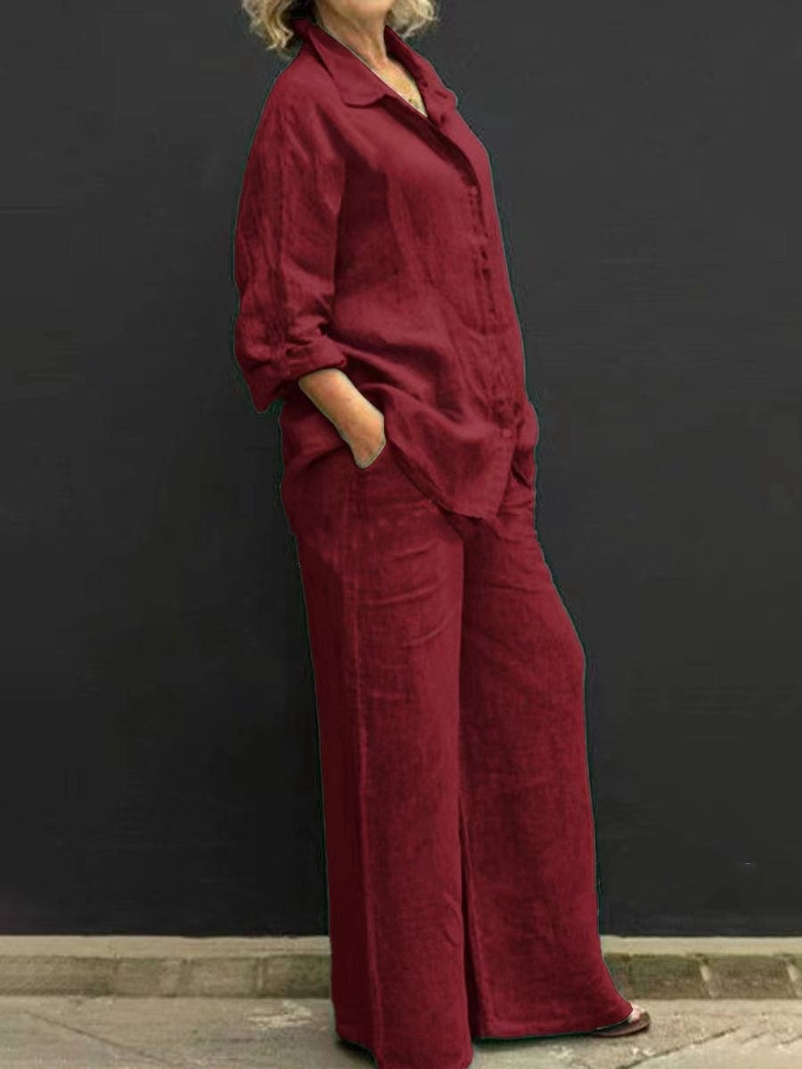 Siv™  vintage långärmat set med button-down-blus och lösa raka byxor för kvinnor