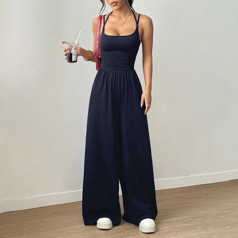 ☀️ Damsommarjumpsuit – Spaghettiband, Rynkad midja, Vida ben, Andningsbar och Figurnära, S–XL
