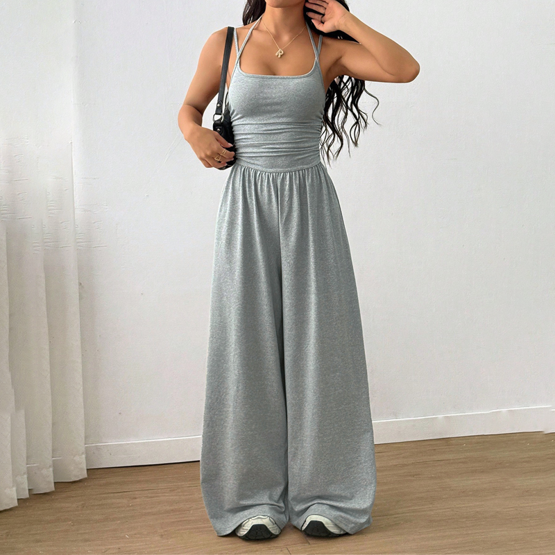 ☀️ Damsommarjumpsuit – Spaghettiband, Rynkad midja, Vida ben, Andningsbar och Figurnära, S–XL